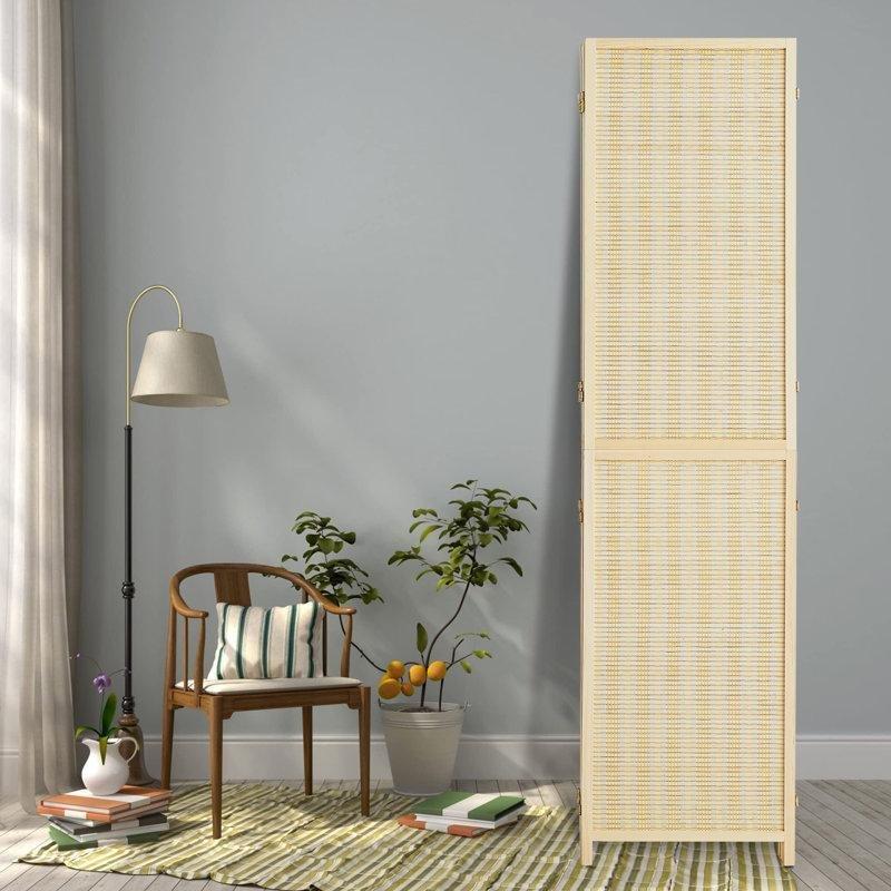Bej Bambu ve Masif Çam Ahşap Katlanır 4 Panelli Paravan - 170x158 cm - 184623