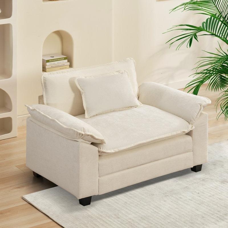 Bej Beyaz Şönil Kumaş Yastık Kollu Geniş Tekli Koltuk - 135 cm - 203010