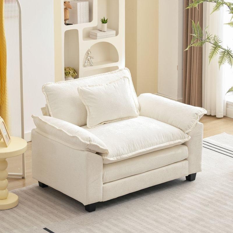 Bej Beyaz Şönil Kumaş Yastık Kollu Geniş Tekli Koltuk - 135 cm - 203010