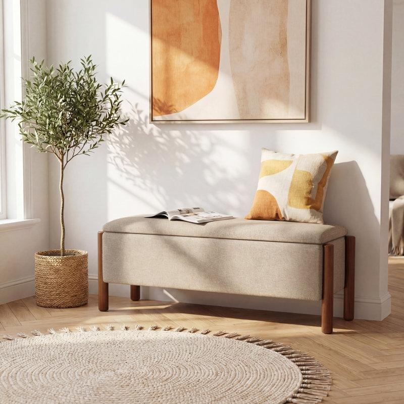 Bej Bukle Kumaş Kapitoneli Ceviz Ahşap Ayaklı Sandıklı Bench - 120 cm - 164500