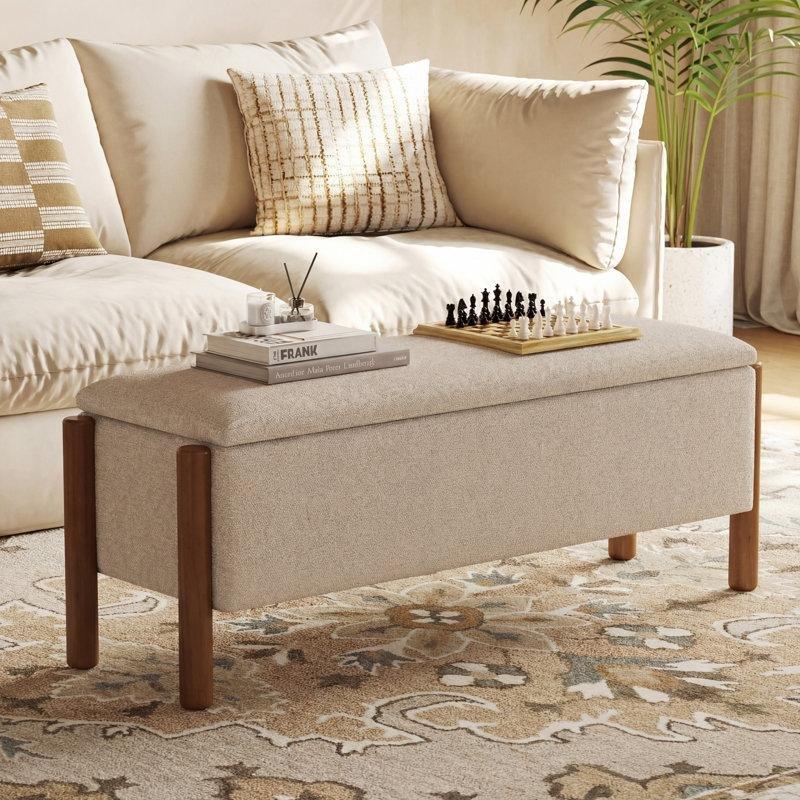 Bej Bukle Kumaş Kapitoneli Ceviz Ahşap Ayaklı Sandıklı Bench - 120 cm - 164500
