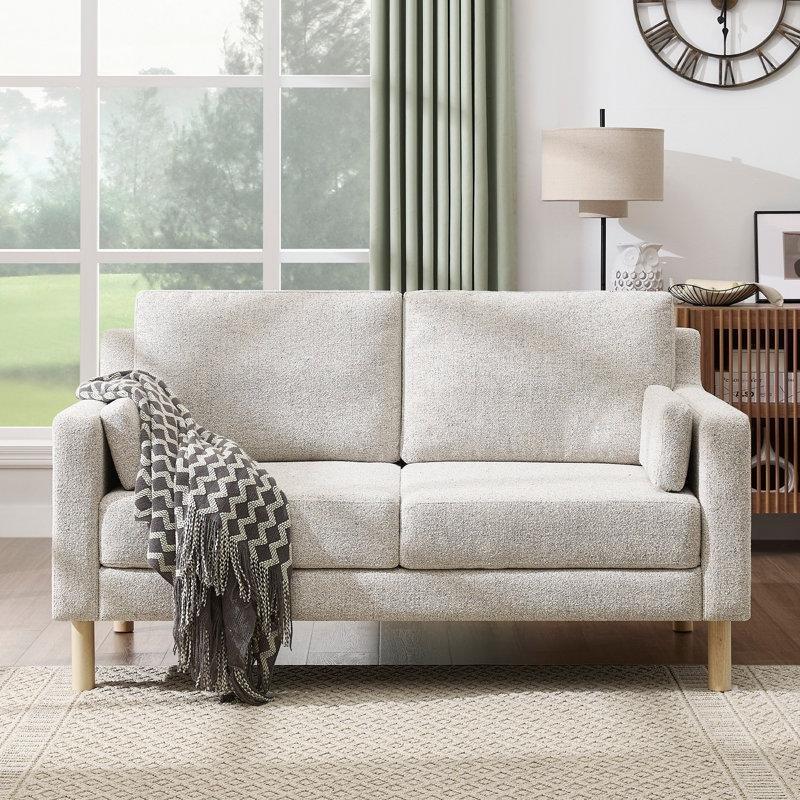 Bej Bukle Kumaş Köşeli Kollu Ahşap Ayaklı İkili Koltuk - 152 cm - 196857