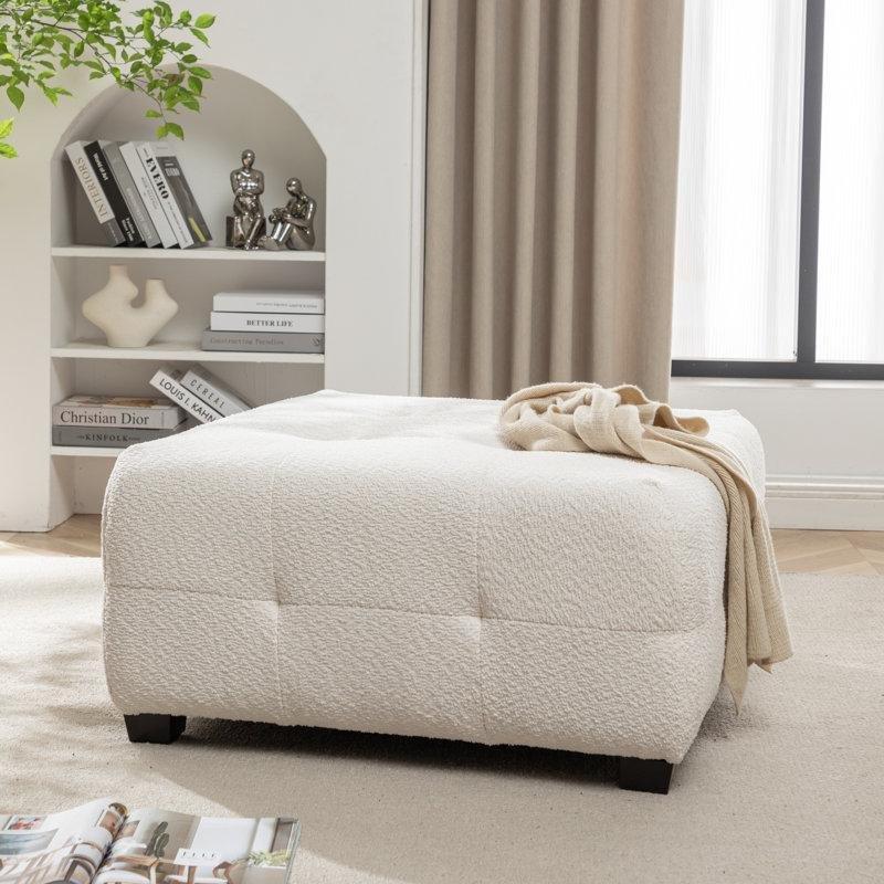 Bej Buklet Kumaş Kapitoneli Siyah Ahşap Ayaklı Kare Orta Sehpa Puf - 83x83 cm - 165040