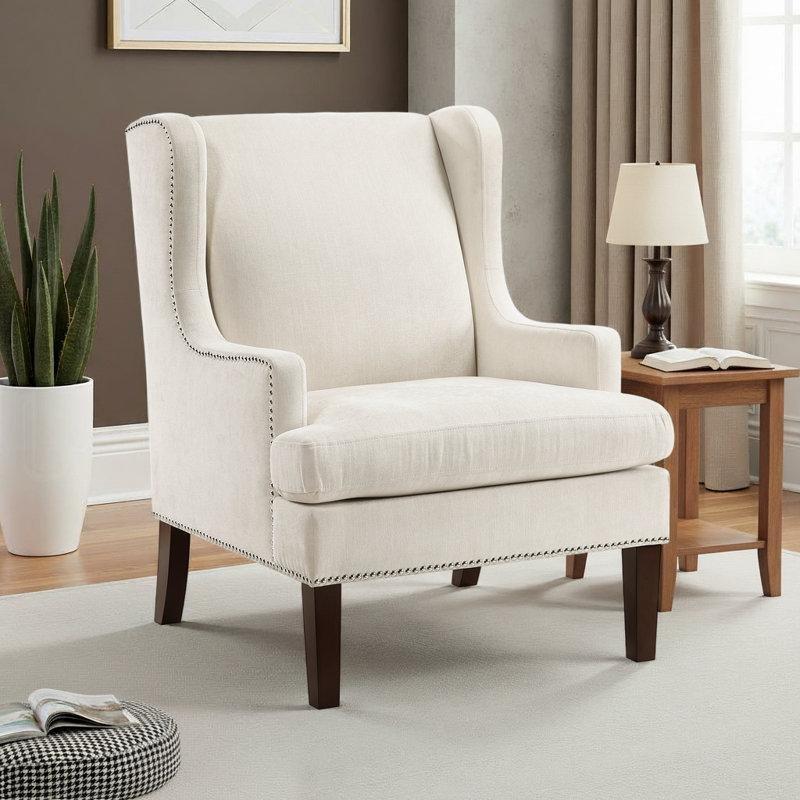 Bej Dokulu Kumaş Zımba Detaylı Masif Ahşap Kulaklı Tekli Koltuk - 203746