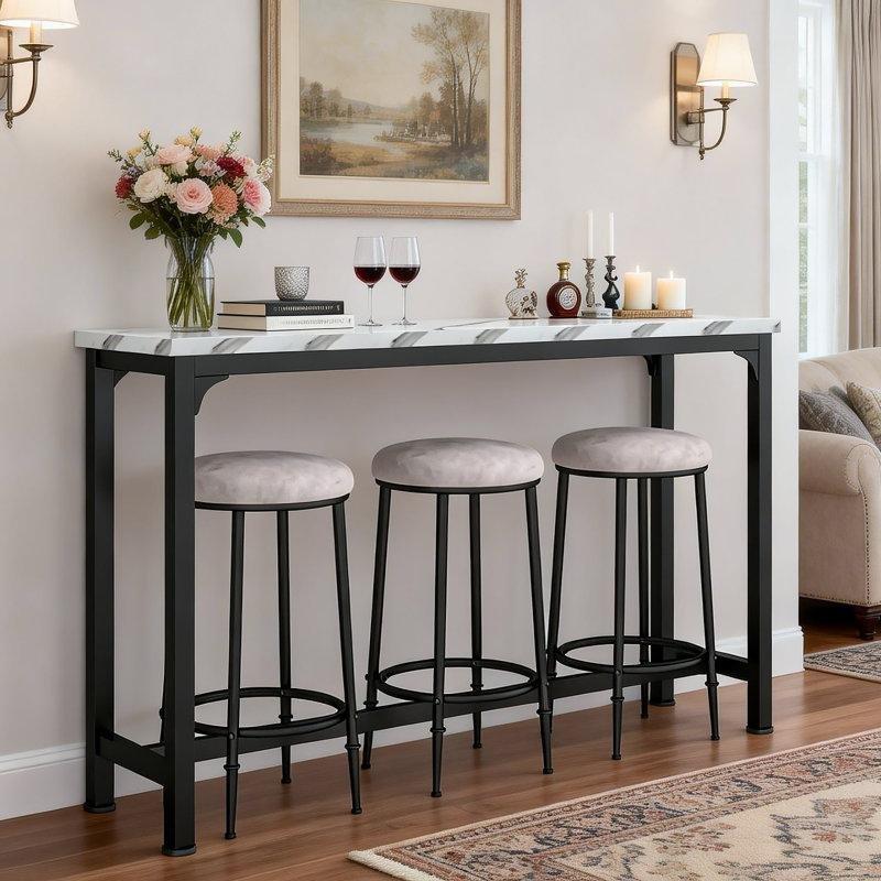 Bej Döşemeli 3 Tabureli Mermer Desenli Metal Bar Masası Seti - 150x38 cm - 232020