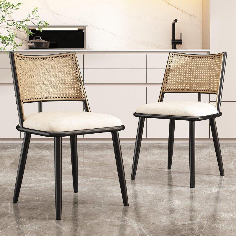Bej Döşemeli Siyah Metal Rattan Yemek Sandalyesi - 235719