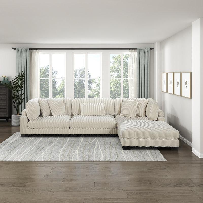 Bej Fitilli Kadife Ayarlanabilir Sırtlı Modüler Köşe Koltuk Takımı 5 Kırlentli - 343 cm - 193680