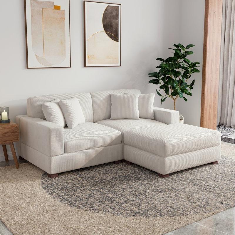 Bej Fitilli Kadife Kumaş Masif Ahşap Ayaklı Modüler Puf Dahil Köşe Koltuk Takımı - 192636