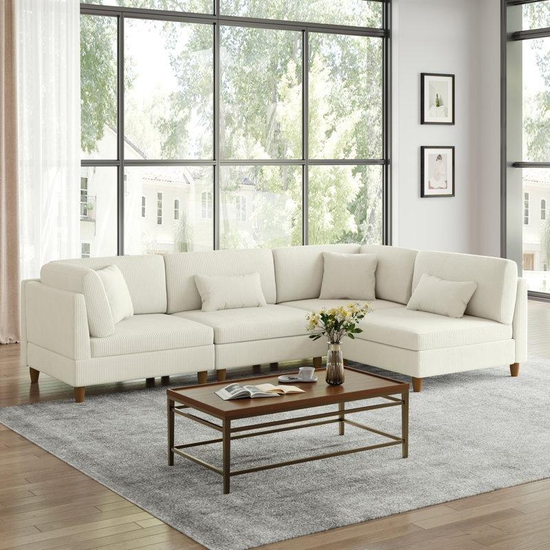 Bej Fitilli Kadife Kumaş Masif Ahşap Ayaklı Yastık Sırtlı Modüler Köşe Koltuk Takımı - 193494