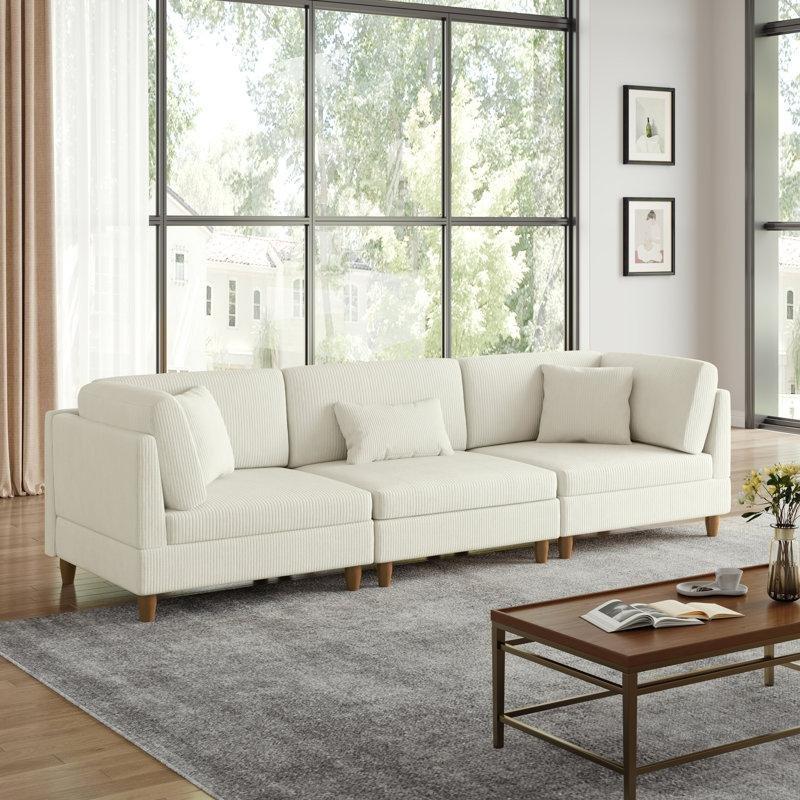 Bej Fitilli Kadife Masif Ahşap Ayaklı 3 Parçalı Modüler Koltuk Takımı - 307 cm - 195411