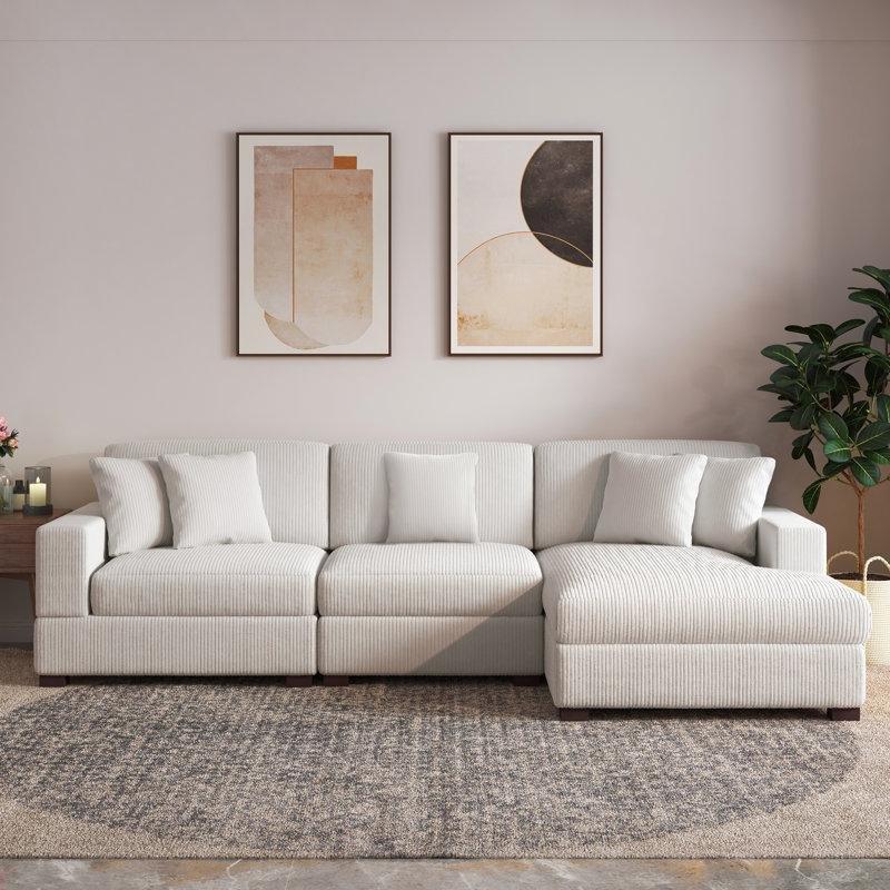 Bej Fitilli Kadife Masif Ahşap Ayarlanabilir Başlıklı Modüler Köşe Koltuk Takımı - 298x163 cm - 193175