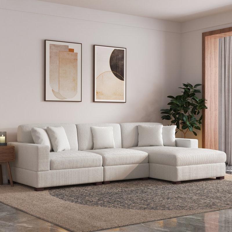 Bej Fitilli Kadife Masif Ahşap Ayarlanabilir Başlıklı Modüler Köşe Koltuk Takımı - 298x163 cm - 193175