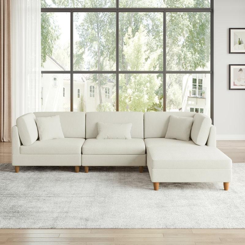 Bej Fitilli Kadife Masif Ahşap İskeletli Modüler Puflu Köşe Koltuk Takımı - 307x202 cm - 193193