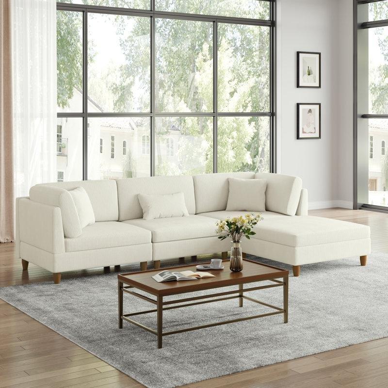 Bej Fitilli Kadife Masif Ahşap İskeletli Modüler Puflu Köşe Koltuk Takımı - 307x202 cm - 193193