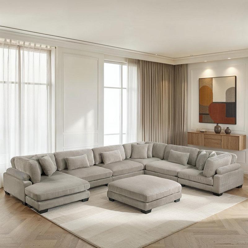 Bej Fitilli Kadife Modüler 9 Kırlentli U Köşe Koltuk Takımı - 343 cm - 194521