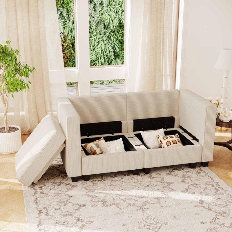 Bej Fitilli Kadife Modüler Sandıklı İkili Koltuk - 150 cm - 207362