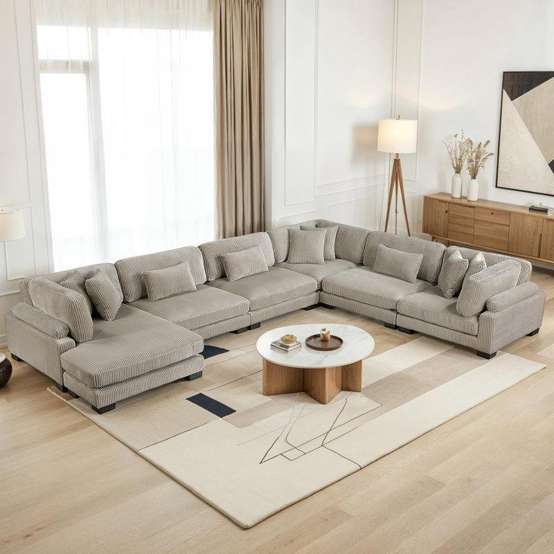 Bej Fitilli Kadife Modüler U Şekilli 9 Yastıklı Köşe Koltuk Takımı - 343x458 cm - 194409