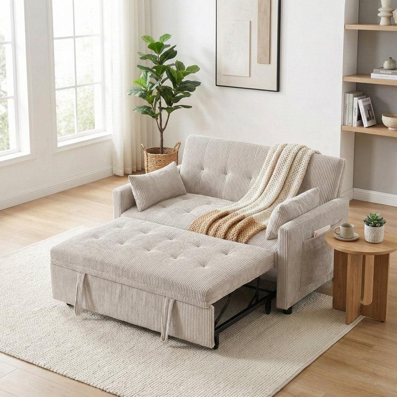 Bej Fitilli Kadife USB Portlu Yatak Olabilen İkili Koltuk - 135 cm - 205869