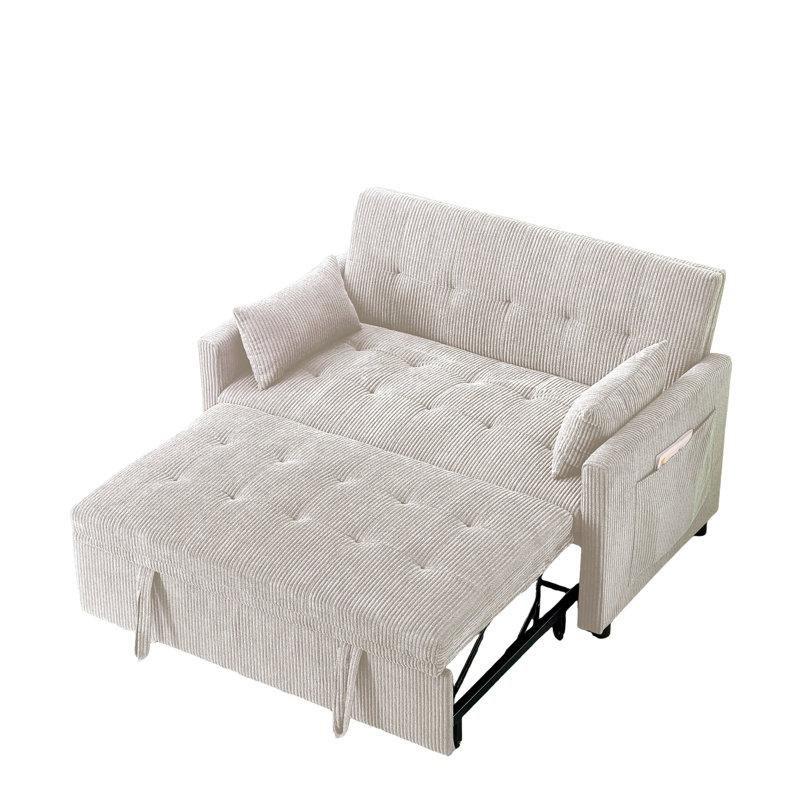 Bej Fitilli Kadife USB Portlu Yatak Olabilen İkili Koltuk - 135 cm - 205869