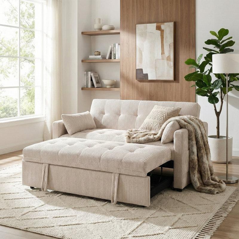 Bej Fitilli Kadife USB Portlu Yatak Olabilen İkili Koltuk - 135 cm - 205869