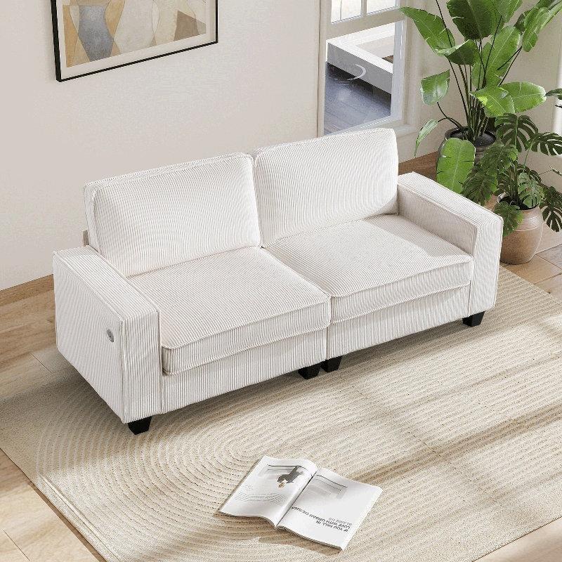 Bej Fitilli Kadife USB ve Type-C Girişli İkili Koltuk - 206 cm - 207314