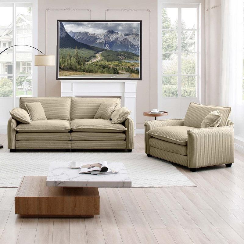 Bej Fitilli Kadife Yastık Sırtlı İki Parçalı Koltuk Takımı - 192006