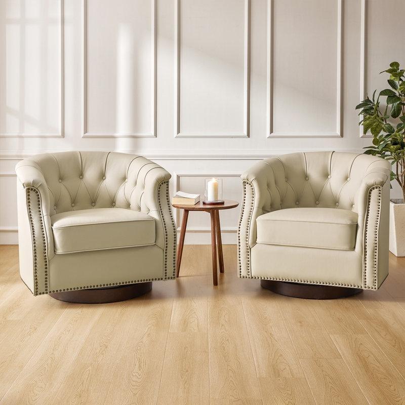 Bej Gerçek Deri Döner Sallanan Zımba Detaylı Chesterfield Tekli Koltuk - 2li Set - 202396