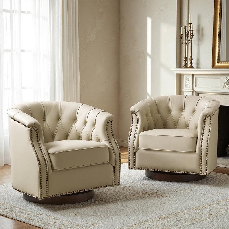 Bej Gerçek Deri Döner Sallanan Zımba Detaylı Chesterfield Tekli Koltuk - 2li Set - 202396