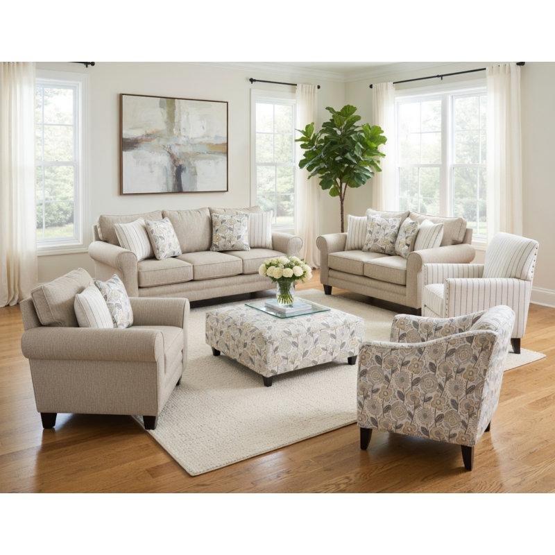 Bej Gri Masif Ahşap Ayaklı Yataklı Kıvrımlı Kolçaklı Koltuk Takımı - 191341