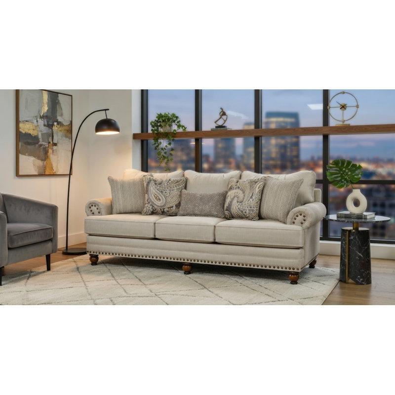 Bej Jakarlı Kumaş Zımba Detaylı Kıvrık Kollu Koltuk - 244 cm - 195893