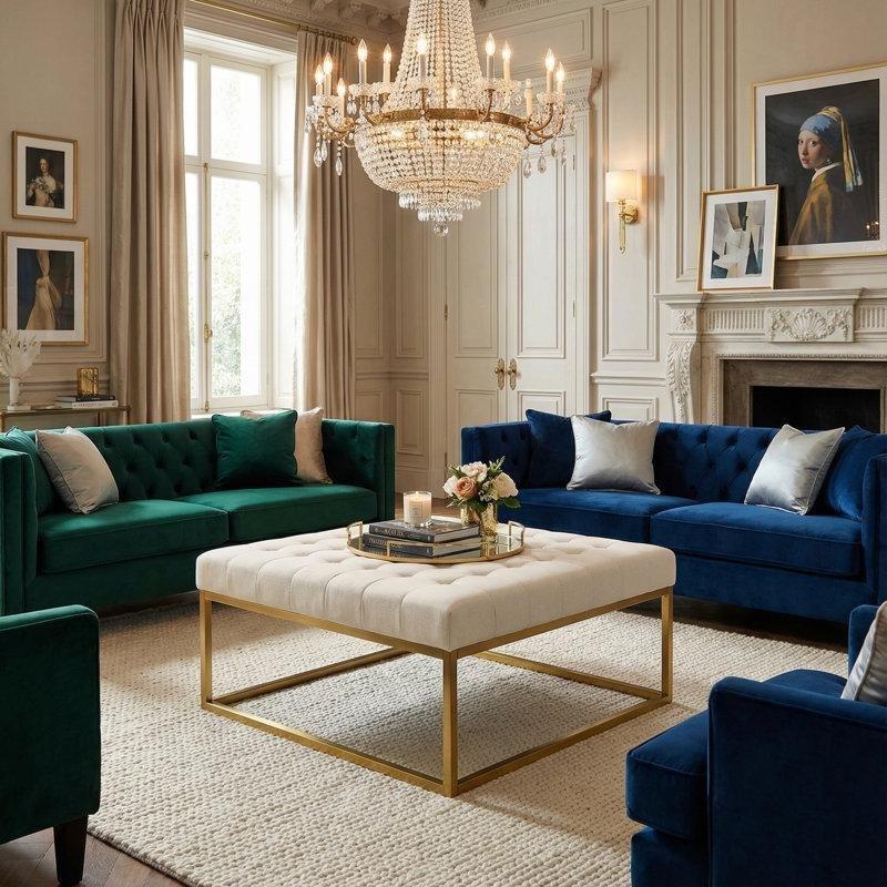 Bej Kadife Gold Metal Ayaklı Kapitoneli Kare Puf - 92x92 cm - 164914
