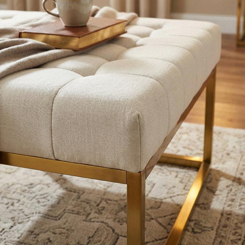 Bej Kadife Gold Metal Ayaklı Kapitoneli Kare Puf - 92x92 cm - 164914
