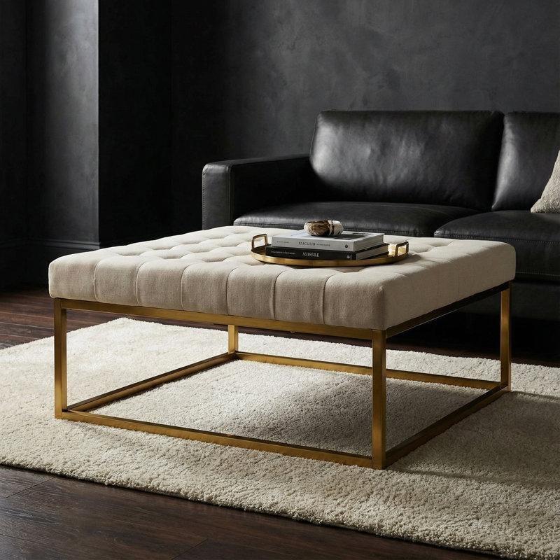 Bej Kadife Gold Metal Ayaklı Kapitoneli Kare Puf - 92x92 cm - 164914