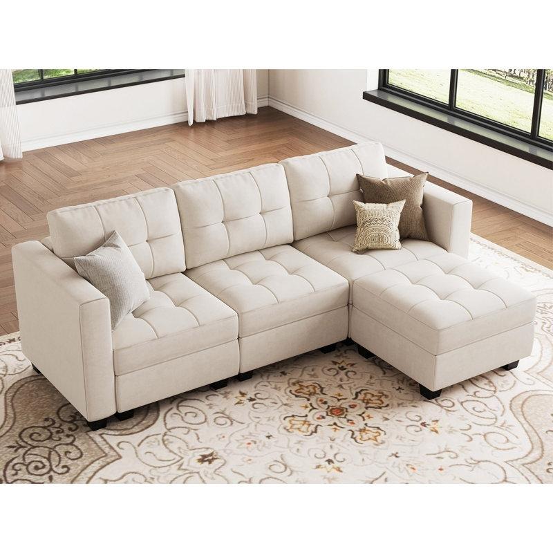 Bej Kadife Kapitoneli Depolama Alanlı Modüler Köşe Koltuk - 193694