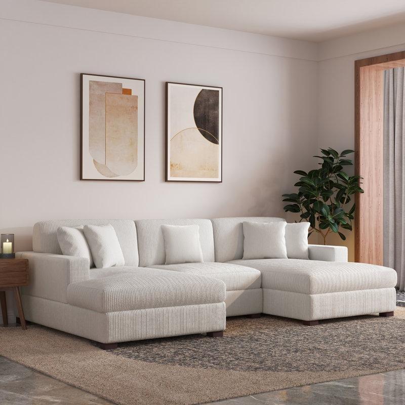 Bej Kadife Kumaş Ayarlanabilir Başlıklı Modüler Masif Ahşap Ayaklı U Köşe Koltuk Takımı - 311 cm - 193023