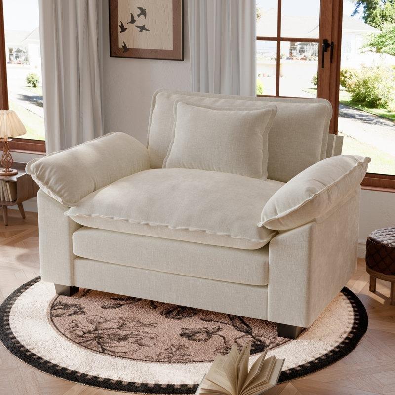 Bej Kadife Kumaş Geniş Oturumlu Kırlentli Tekli Koltuk - 126 cm - 203006