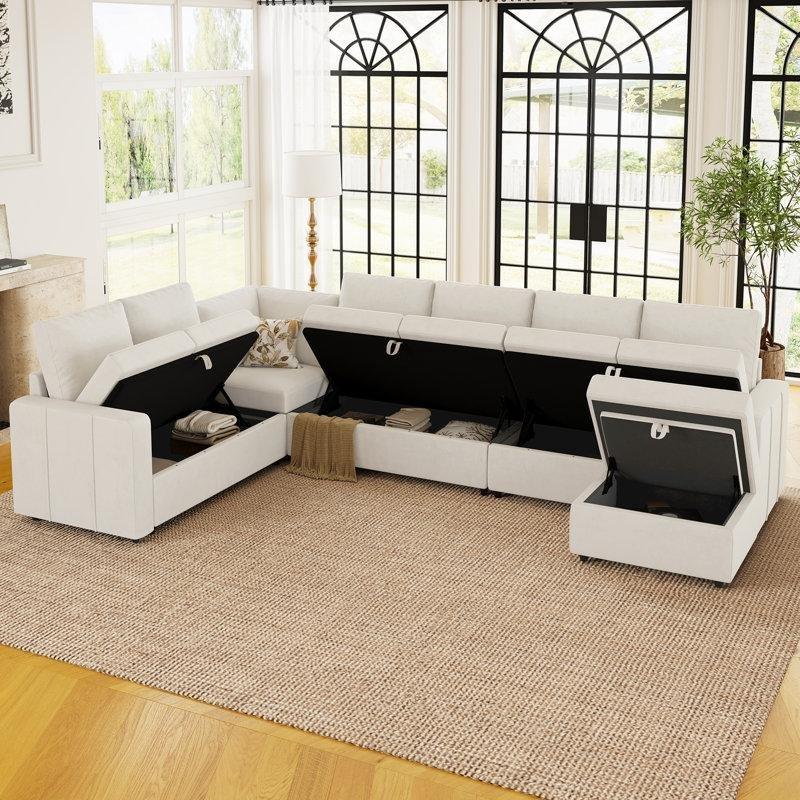 Bej Kadife Kumaş Modüler Sandıklı U Şekilli Köşe Koltuk Takımı - 334x212 cm - 192800