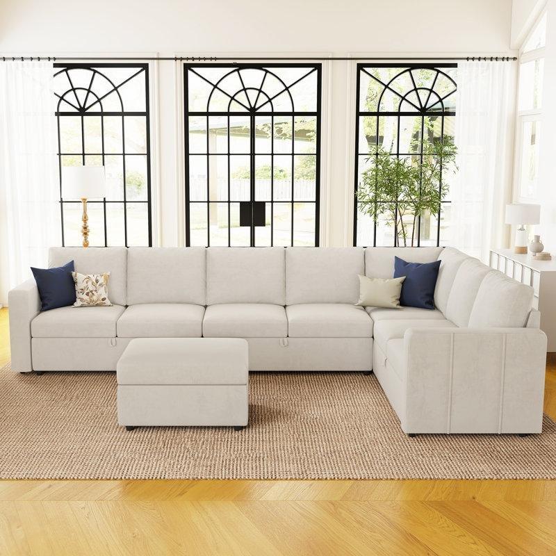 Bej Kadife Kumaş Modüler Sandıklı U Şekilli Köşe Koltuk Takımı - 334x212 cm - 192800