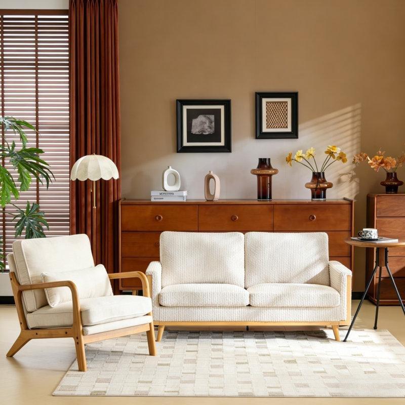 Bej Kadife Masif Ahşap İki Parçalı Koltuk Takımı - 191292