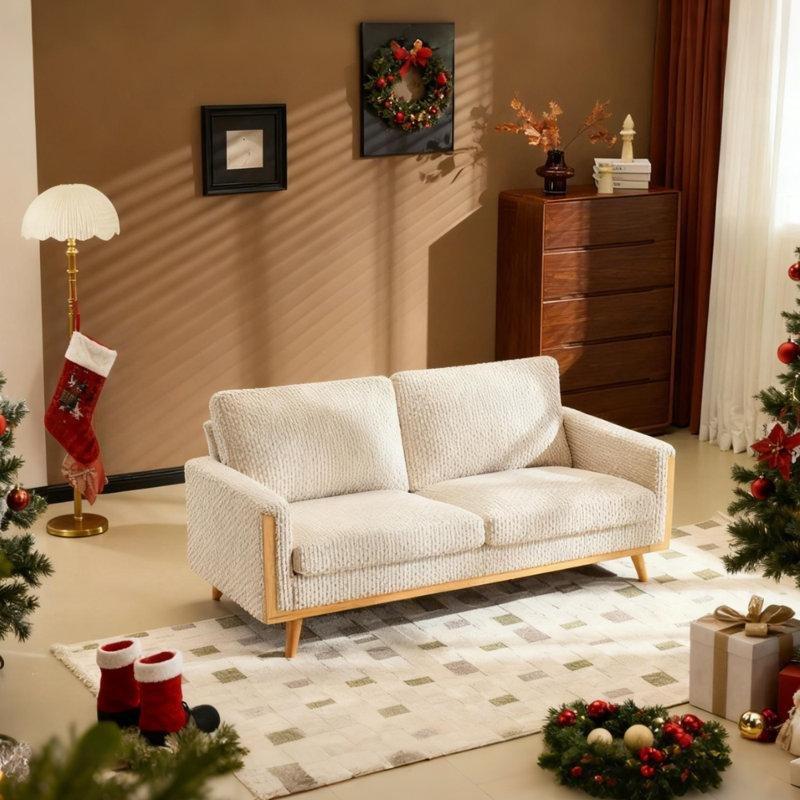 Bej Kadife Masif Ahşap İskeletli Kır Evi Stili Kompakt İkili Koltuk - 150 cm - 196270