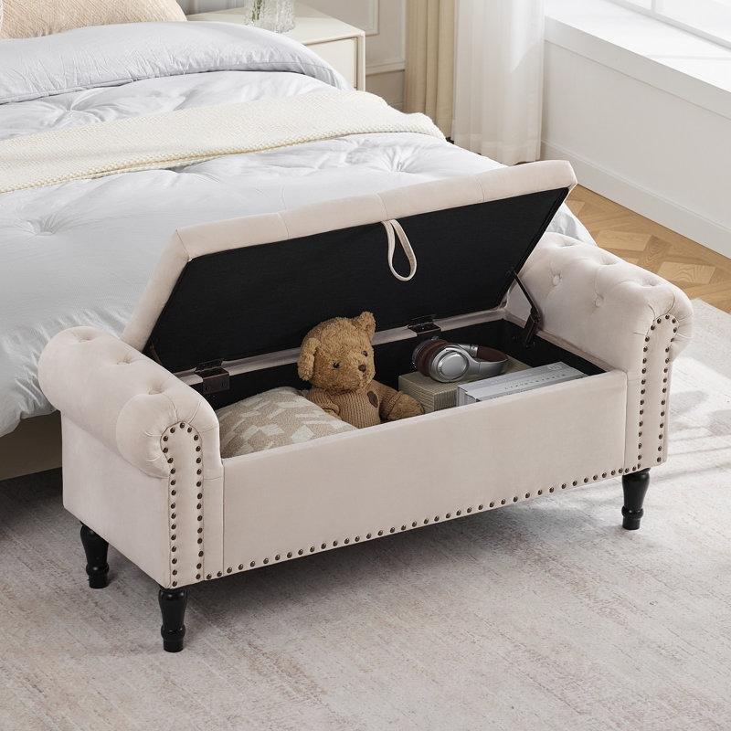 Bej Kadife Masif Ahşap Sandıklı Kapitoneli Kollu Bench - 130 cm - 164287