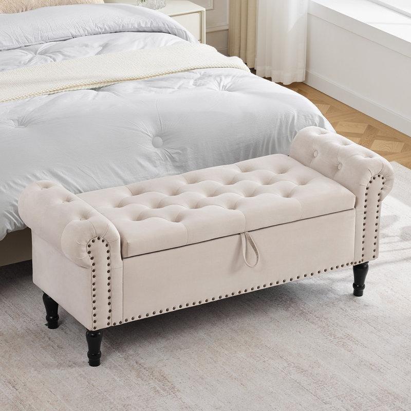 Bej Kadife Masif Ahşap Sandıklı Kapitoneli Kollu Bench - 130 cm - 164287