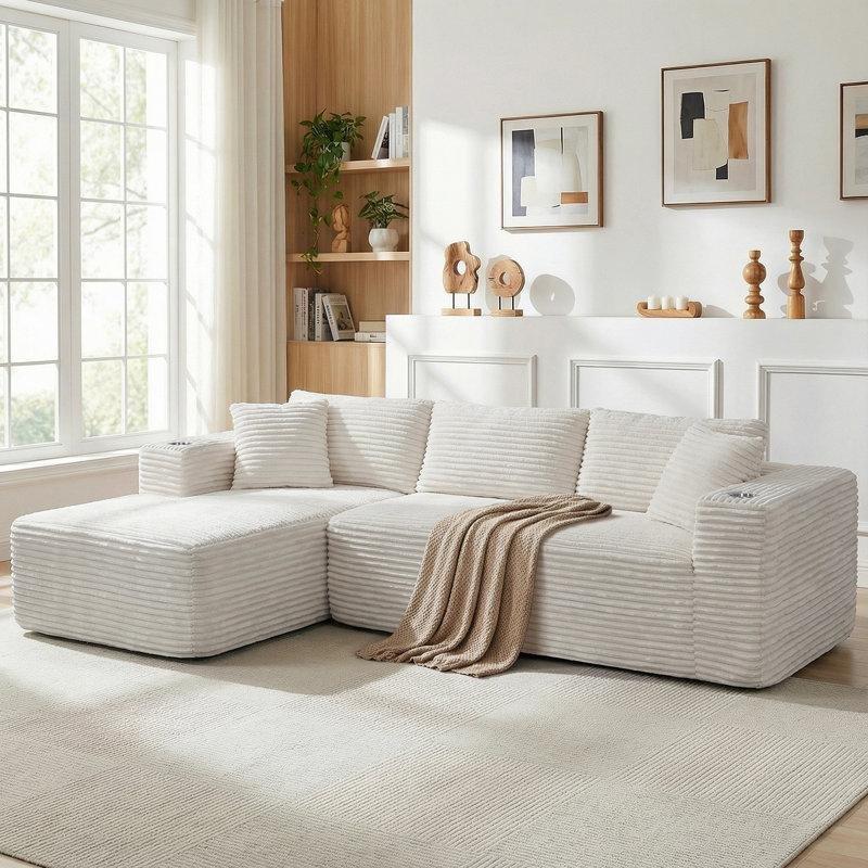 Bej Kadife Modüler Bardaklıklı Köşe Koltuk Takımı - 260x171 cm - 194572