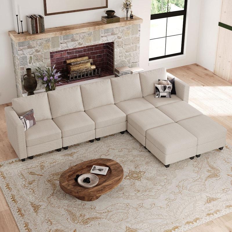 Bej Kadife Modüler Depolamalı U Şekilli Yataklı Köşe Koltuk Takımı - 336 cm - 192918