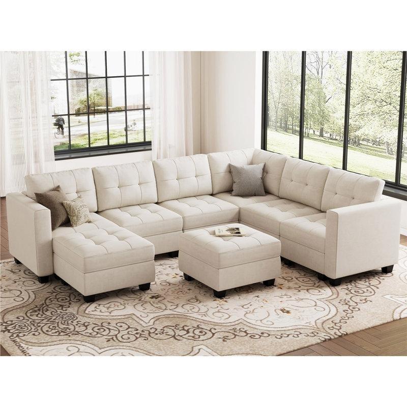 Bej Kadife Modüler Saklama Alanlı Kapitoneli U Köşe Koltuk Takımı - 363 cm - 193293