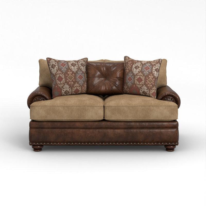 Bej Kadife ve Kahverengi Suni Deri Gömme Kollu Zımba Detaylı İkili Koltuk - 186 cm - 196208