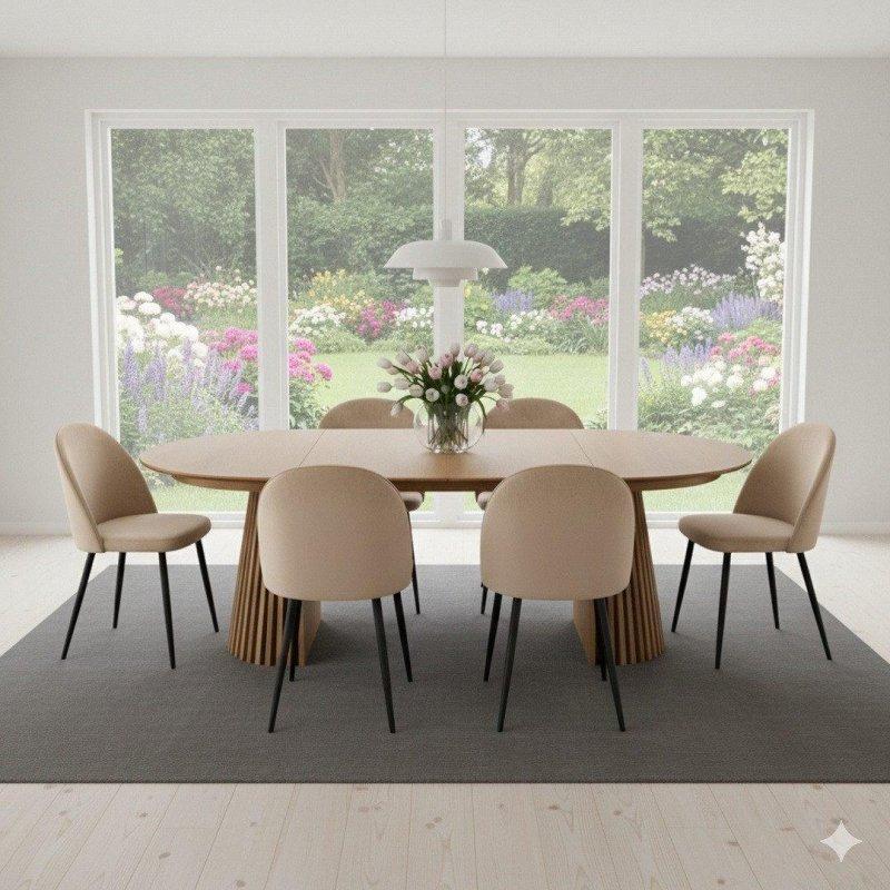 Bej Kadife ve Meşe Açılabilir Bohem Yemek Masası Takımı - 120-200 cm - 235956