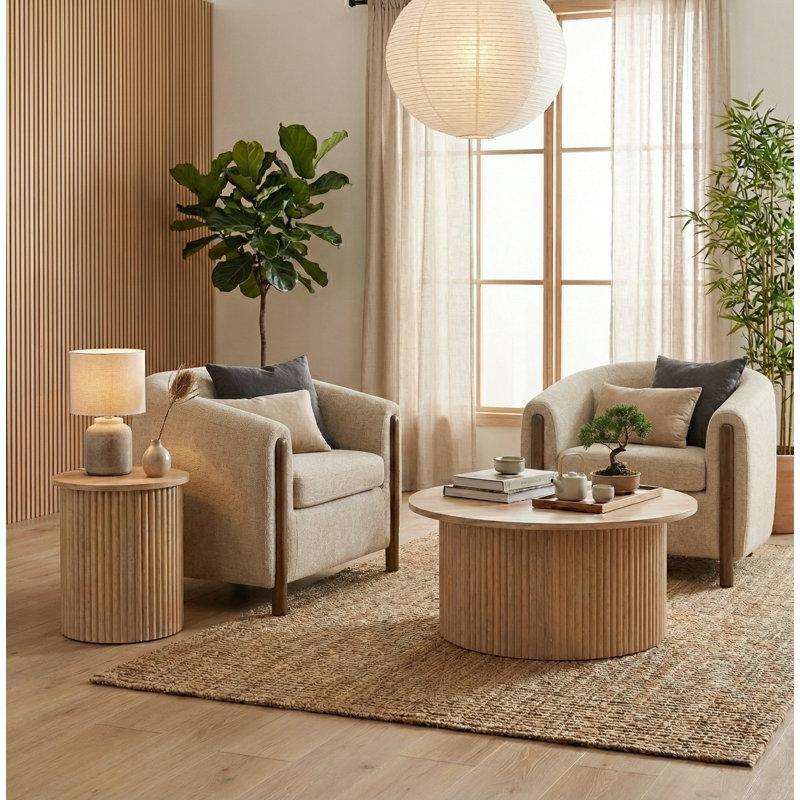 Bej Keten Ahşap Berjerli Yuvarlak Orta Sehpalı Koltuk Takımı - 190965