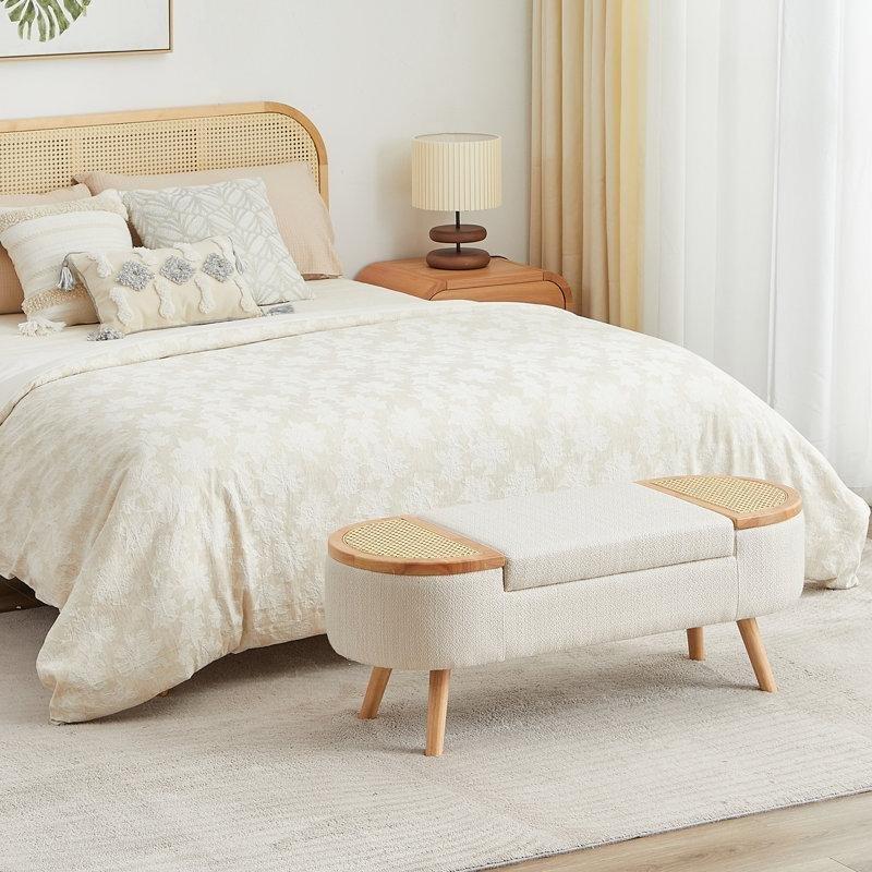 Bej Keten Döşemeli Rattan Kapaklı Saklama Alanlı Kauçuk Ağacı Bench - 110 cm - 164533