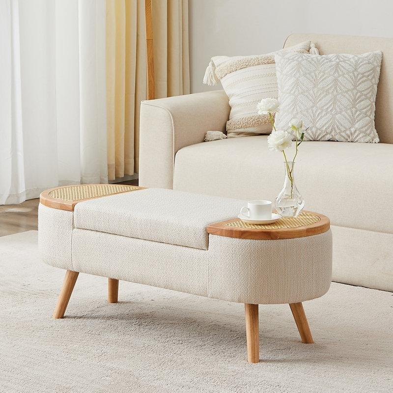 Bej Keten Döşemeli Rattan Kapaklı Saklama Alanlı Kauçuk Ağacı Bench - 110 cm - 164533